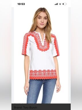 Tory Burch White Tunic with Coral Embroidered Trim